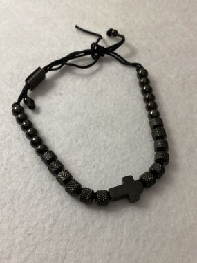 Rhona Sutton Black Cross Beaded Rope Stainless Steel Bracelet